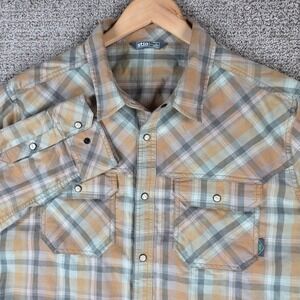 Stio Mens XL Plaid Pearl Snap Western Shirt Long Sleeve Outdoor Flannel Orange